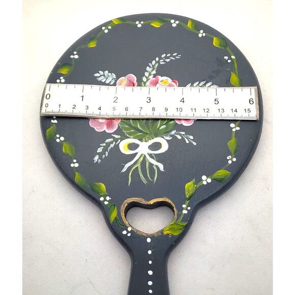 MIRROR-HAND HELD VANITY-Hand Painted-Gray-Floral-Leaves-Heart - Picture 9 of 9